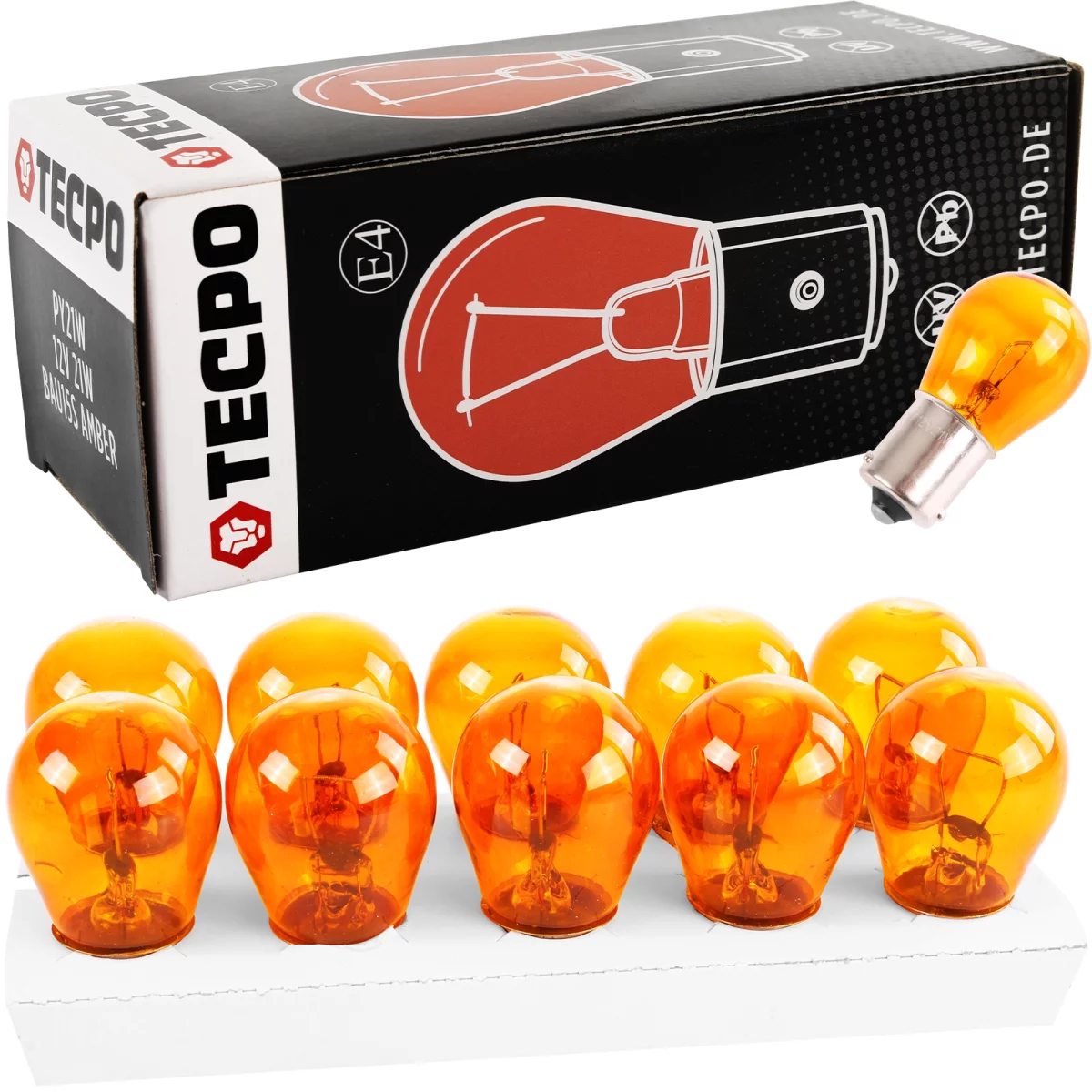 TECPO Blinkerbirnen PY21W, 12V-21W BA15S, 10 Stück ORANGE(parallel)
